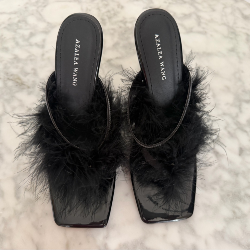 Azalea Wang Black Feather Clear Heel Sandals with Rhinestone Strap Square Toe
